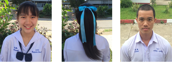 髪をひとつに束ねて青いリボンをしている女子生徒の写真。坊主頭に近い短髪をしている男子生徒の写真