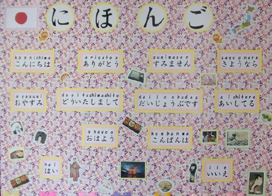 日本語の挨拶と読み方が書かれた掲示物の写真