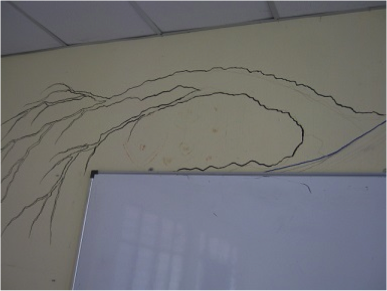 写真1　壁に描いた木の枝の輪郭線