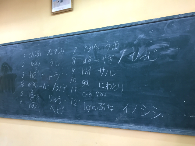 黒板に日本語とベトナム語で書かれた様々な動物の名前