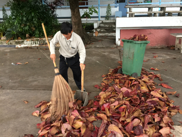 大きな落ち葉を掃く用務員さんの写真