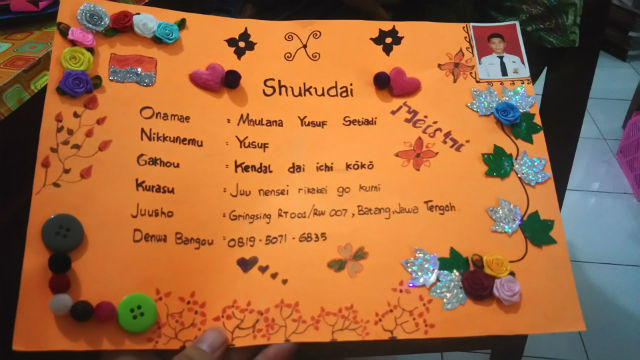 日本語パートナーズ、インドネシア 中部ジャワ州、生徒が作った自己紹介カード