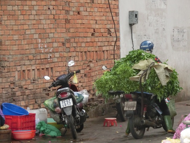 バイクからあふれるくらい山盛りに積まれた野菜の写真