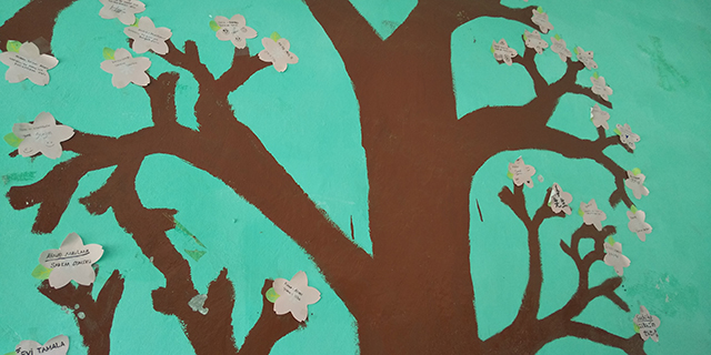 壁に描かれた木の幹にたくさん貼られた桜の花の写真