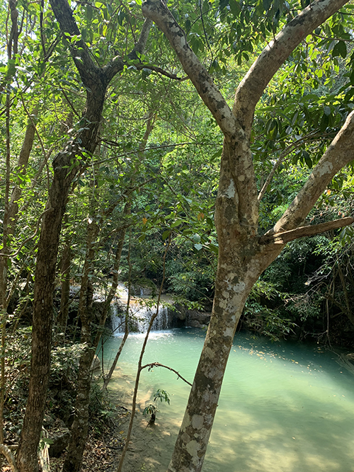 綺麗な川と小さな滝の風景写真