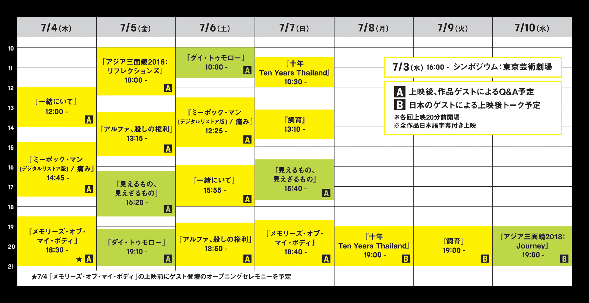 『東南アジア映画の巨匠たち』上映日程表　7月3日16時からシンポジウム（場所：東京芸術劇場）、7月4日（木曜日）12時から『一緒にいて』、14時45分から『ミーポック・マン[デジタルリストア版] / 痛み』（2本上映）、18時30分『メモリーズ・オブ・マイ・ボディ』（上映前にゲスト登壇のオープニングセレモニーを予定）、7月5日（金曜日）10時から『アジア三面鏡2016：リフレクションズ』、13時15分から『アルファ、殺しの権利』、16時20分から『見えるもの、見えざるもの』、19時10分から『ダイ・トゥモロー』、7月6日（土曜日）10時から『ダイ・トゥモロー』、12時25分から『ミーポック・マン[デジタルリストア版] / 痛み』（2本上映）、15時55分から『一緒にいて』、18時50分から『アルファ、殺しの権利』、7月7日（日曜日）10時30分から『十年　Ten Years Thailand』、13時10分から『飼育』、15時40分から『見えるもの、見えざるもの』、18時40分から『メモリーズ・オブ・マイ・ボディ』、7月8日（月曜日）19時から『十年　Ten Years Thailand』、7月9日（火曜日）19時から『飼育』、7月10日（月）19時から『アジア三面鏡2018：Journey』