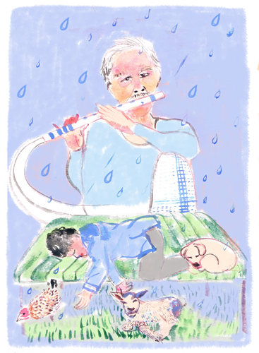 小説の挿絵。雨を呼んだ楽器演奏のイラスト画像