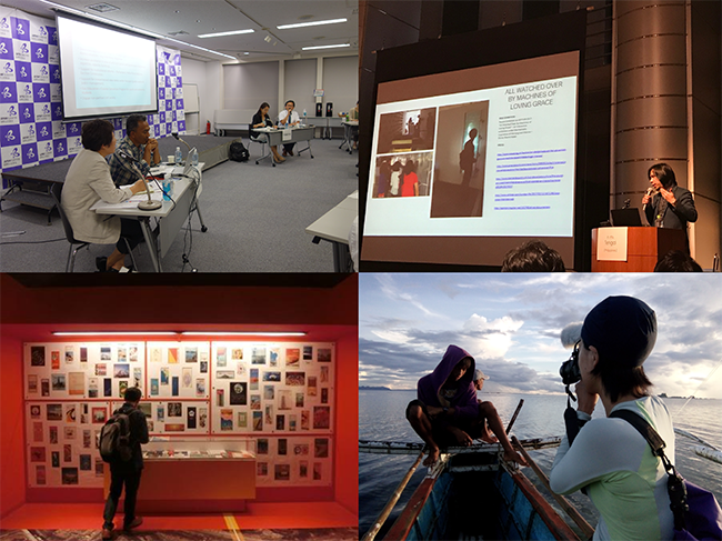 It is a combination of four images. Top left: A side shot of the speaker's seat in a lecture hall. Top right: A man with a microphone in hand giving a lecture at a podium in a darkened hall, with a projection on a screen in the bottom right. Bottom left: The back of a man with a backpack looking at a wall covered with panels decorated with many small pictures and in front of it a glass case displaying items. Bottom right: The back of a woman holding a camera photographing a hooded man sitting astride the edge of a small boat on the water.